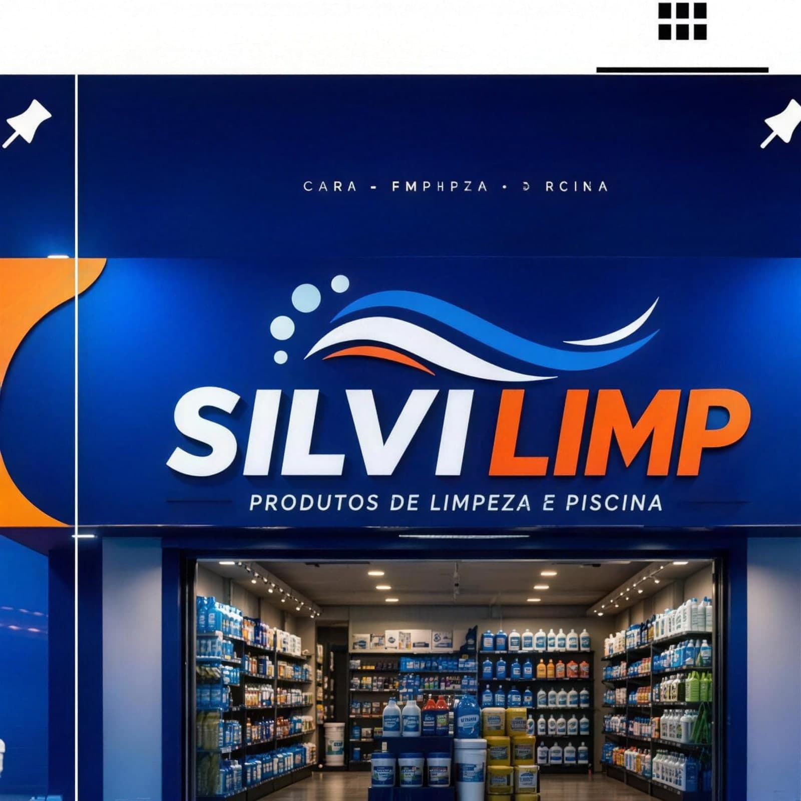 Fachada e interior reais da loja física Silvilimp, com o letreiro da marca e as prateleiras completas