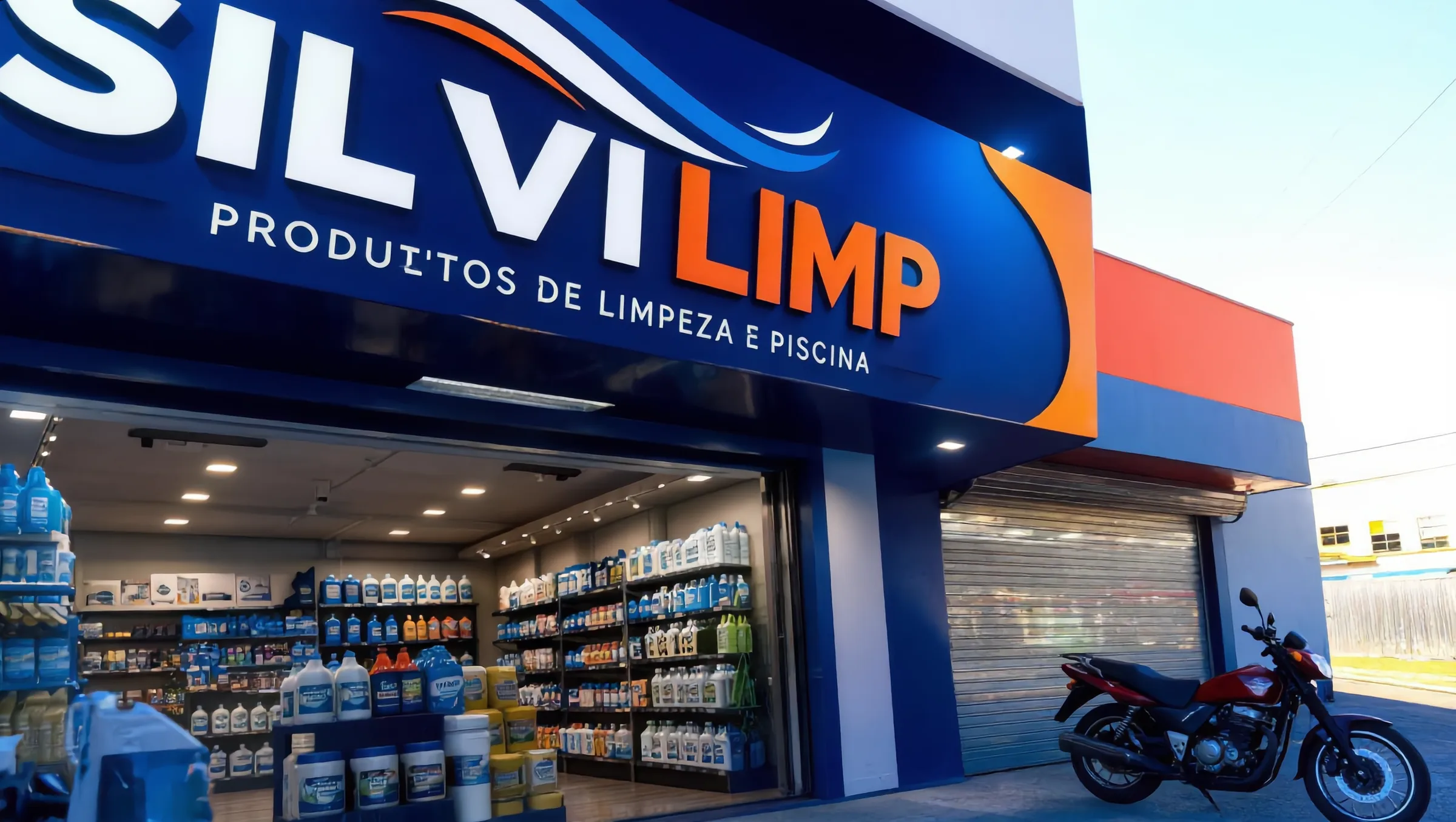 Fachada e interior da loja Silvilimp, com prateleiras organizadas por categoria de produto de limpeza