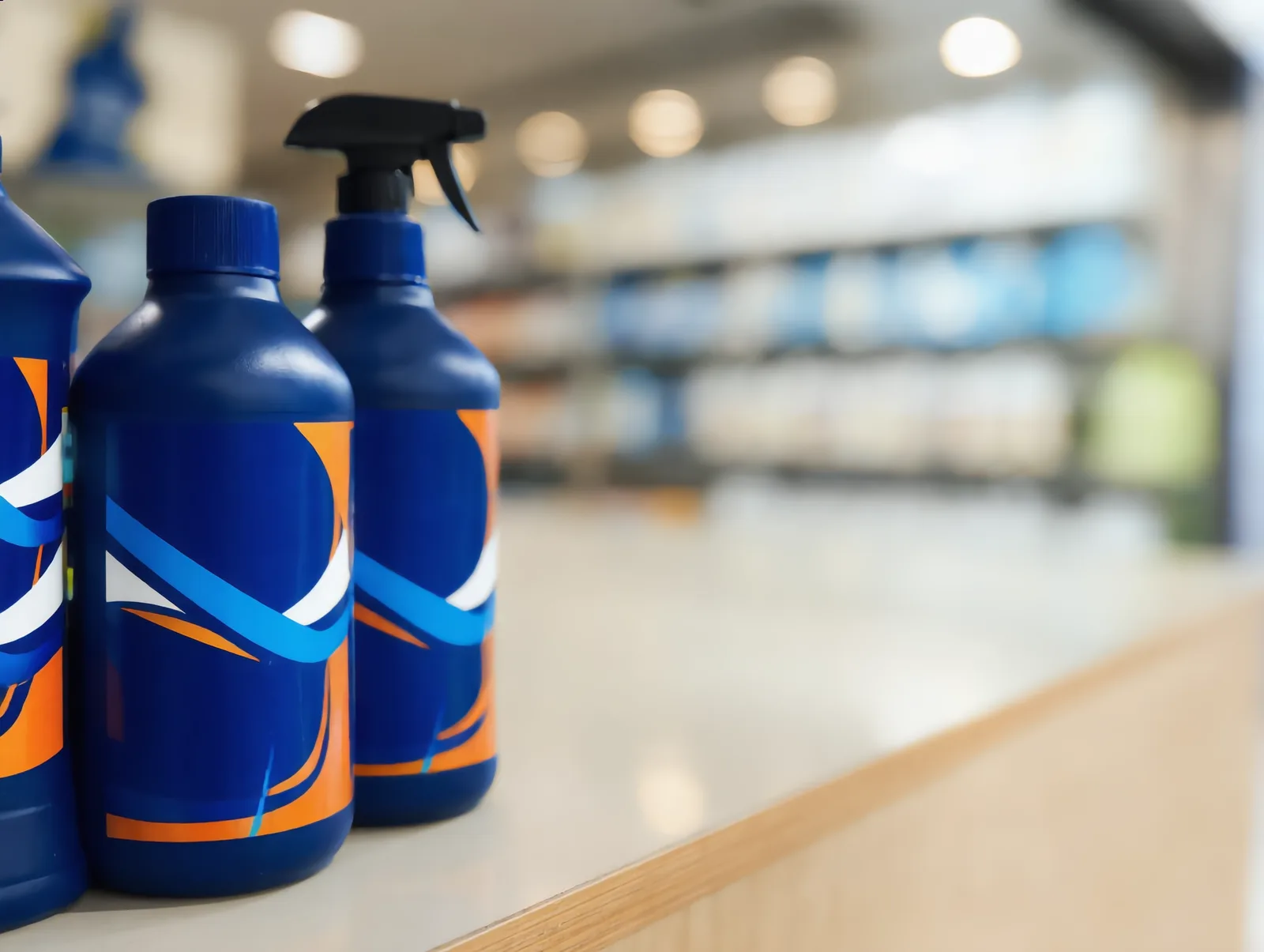 Produtos de limpeza da linha Silvilimp em ambientação de loja, referência visual para Rodo